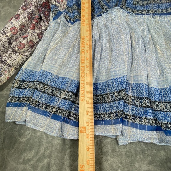 Free People Medium Top Flowy Aliya Long Slv Print Blue Metallic Gold Boho Hippie - Picture 13 of 16